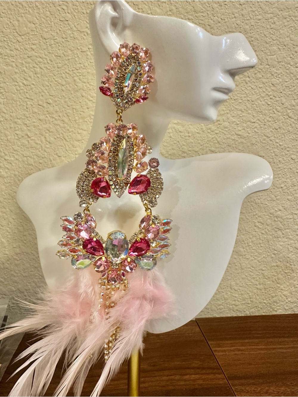 7+” Statement Pink Crystal & Feather Drop Earrings